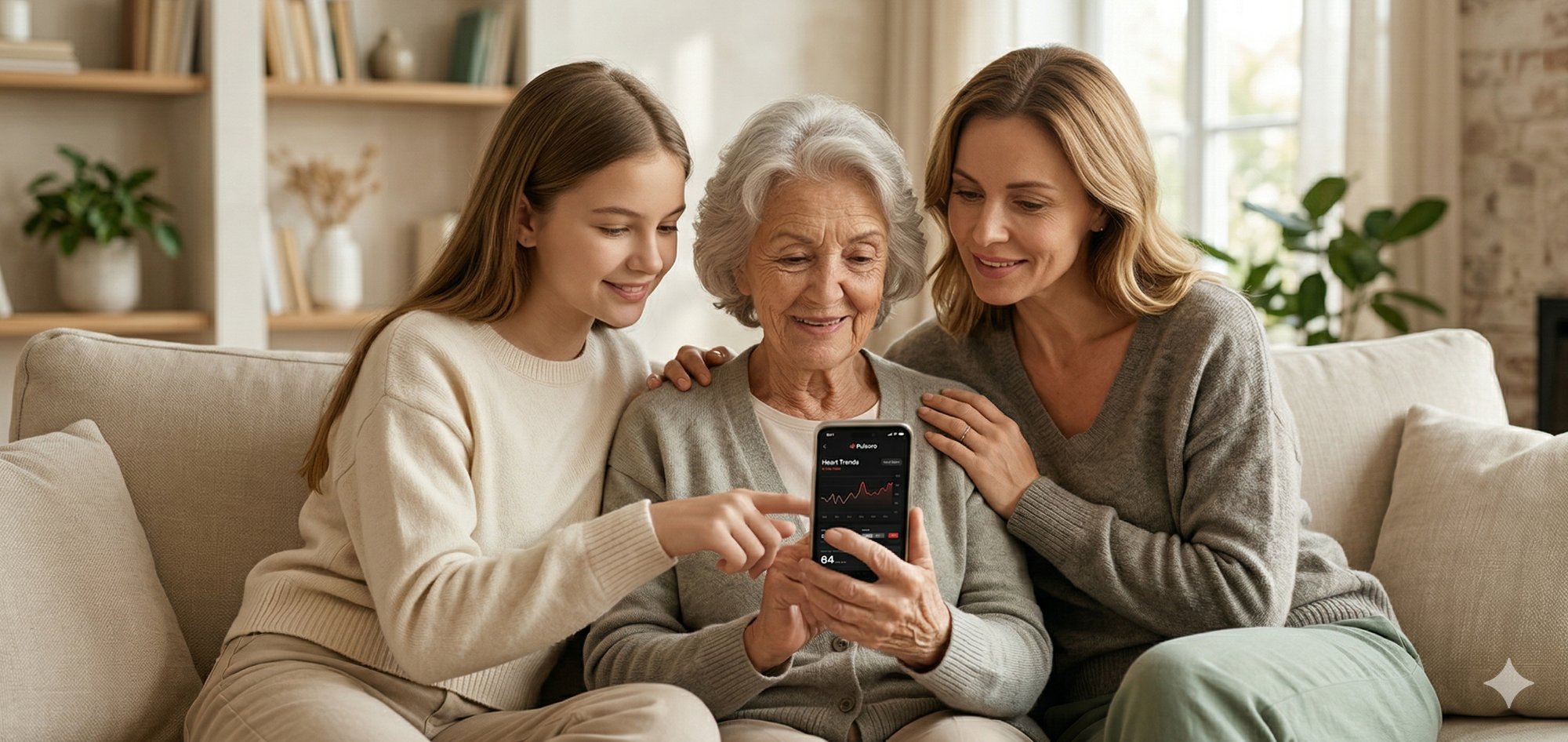 Three generations of family using Pulsoro app together on sofa